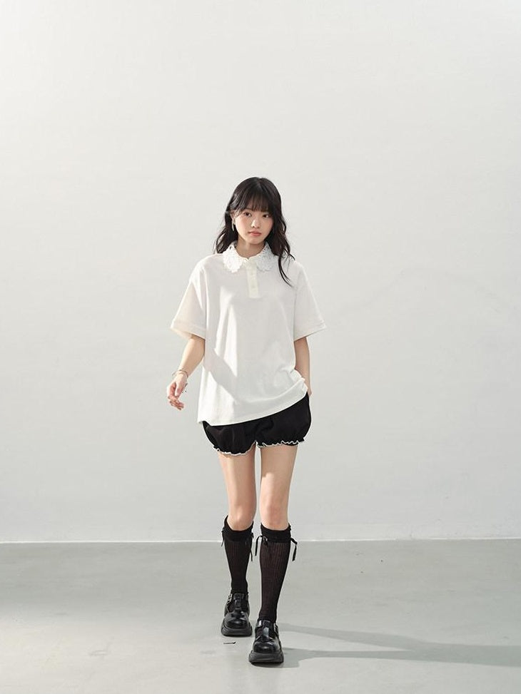 DDGIRL studio Washed Zip Polo Loose Fit Casual Long Staple Cotton Short Sleeve T-Shirts