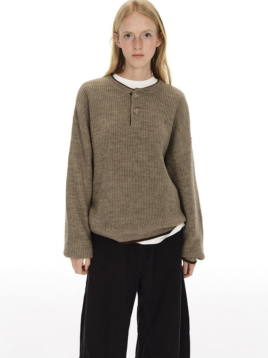 Country Moment Soft Thermal American Loose Fit Contrast Unisex Kids Knit Khaki Sweaters