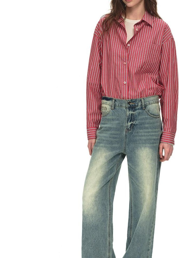 Country Moment 100% Cotton Vintage Oversized Red Stripe Button Long Sleeve Women Shirts