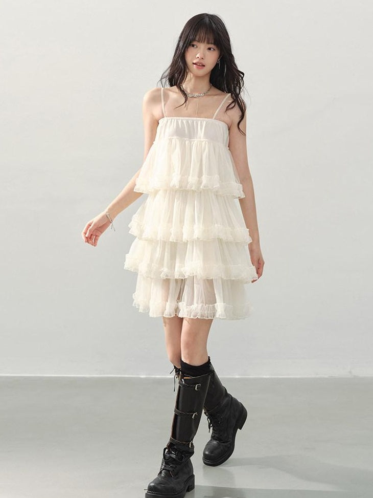 DDGIRL studio Breathable Soft Sweet Princess A Line Tiered Camisole Cream Mini Dresses