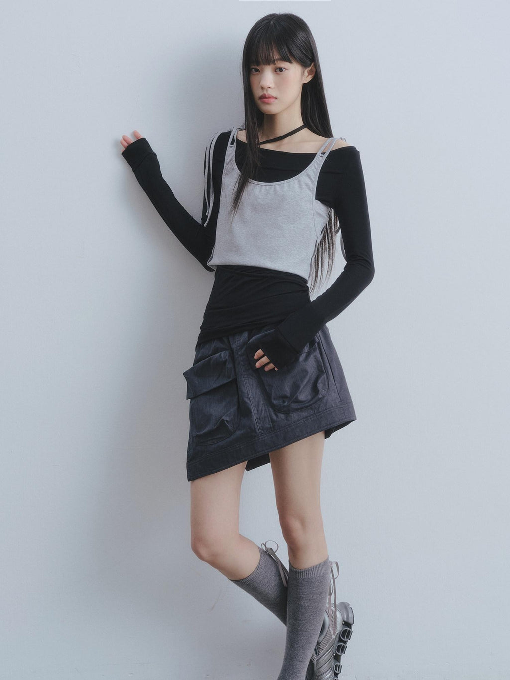 DDGIRL studio Soft 100 Percent Cotton High Waist Cargo Office Women Dark Gray Mini Skirts