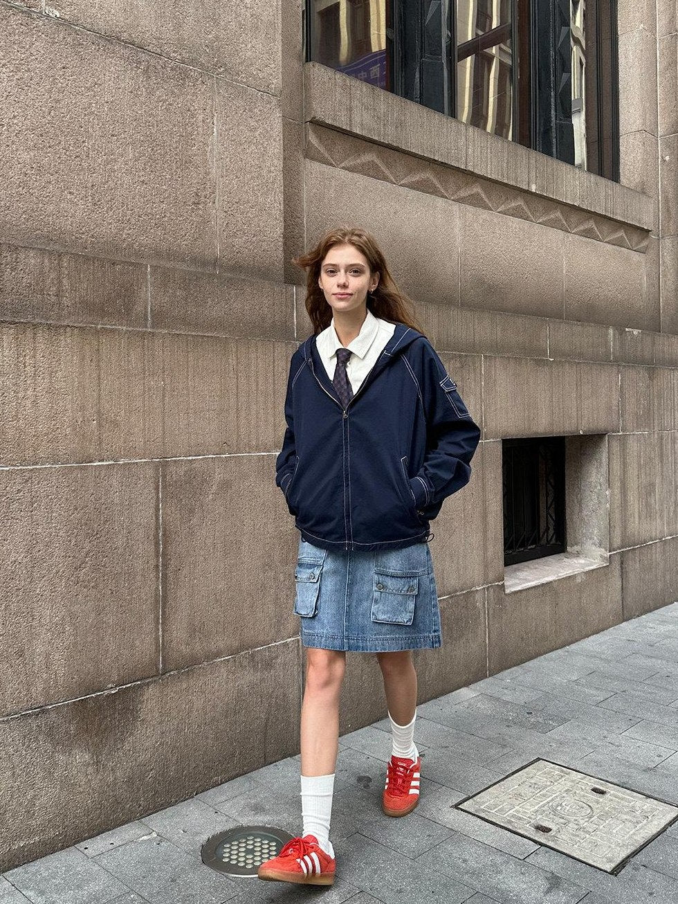 Country Moment Pure Cotton Loose Crop Hoodie Zipper Long Sleeve Navy Teen Casual Blouses