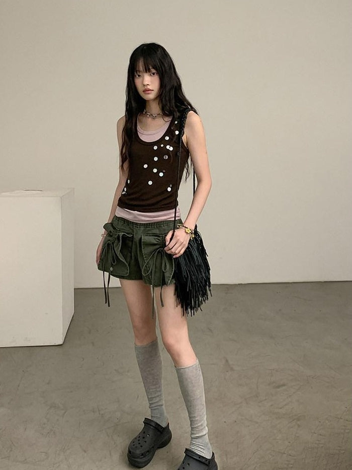 DDGIRL studio High Waist Faded 96 Percent Cotton Wide Leg Loose Fit Army Green Denim Shorts