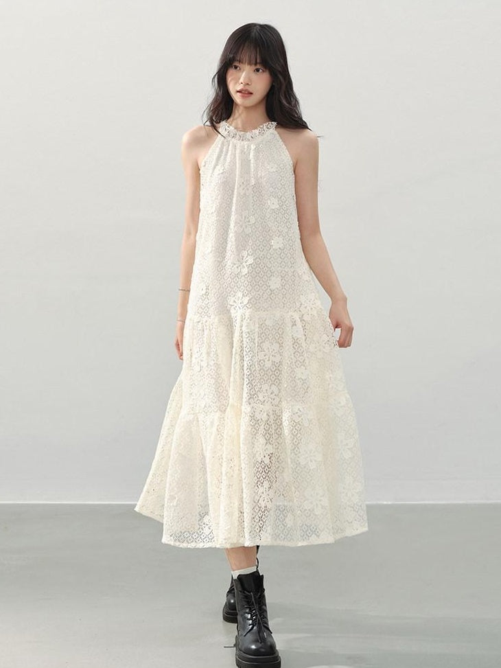 DDGIRL studio Soft Breathable Eyelet A Line Girly Sleeveless Vacation Cream Midi Dresses