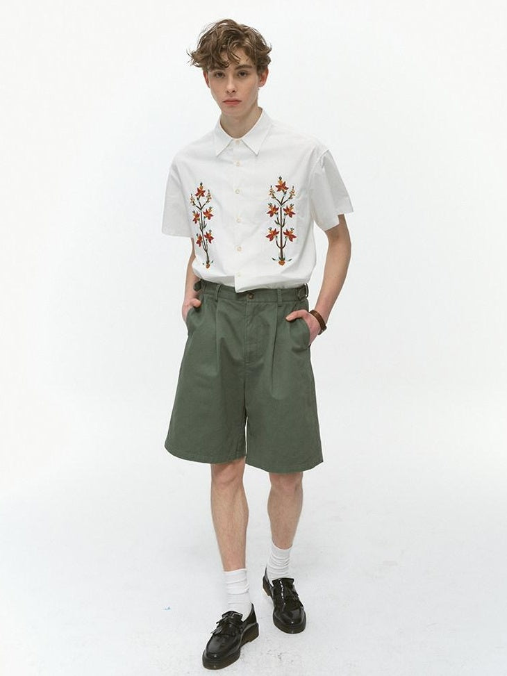 Country Moment Durable Cotton Loose Straight Zip Casual Khaki Navy Mid-Length Shorts