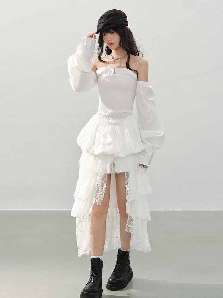 DDGIRL studio Soft Cotton Princess Off Shoulder Fitted Waist Long Sleeve White Blouses
