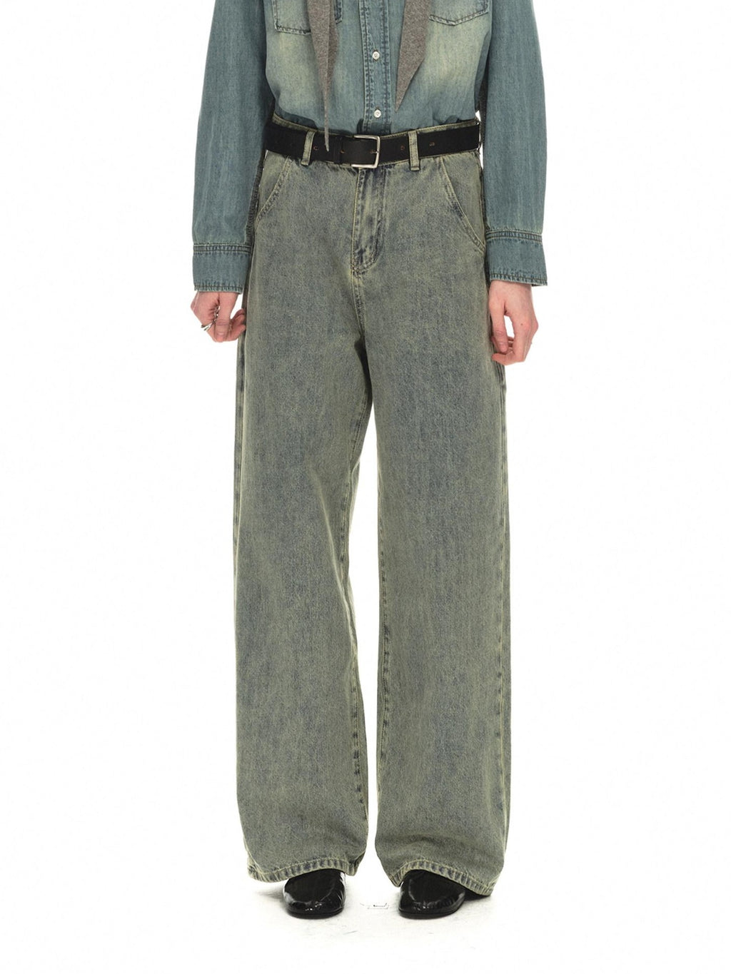 Country Moment Distressed Mid Rise Relaxed Unisex Breathable Cotton Grey Blue Wide Leg Jeans