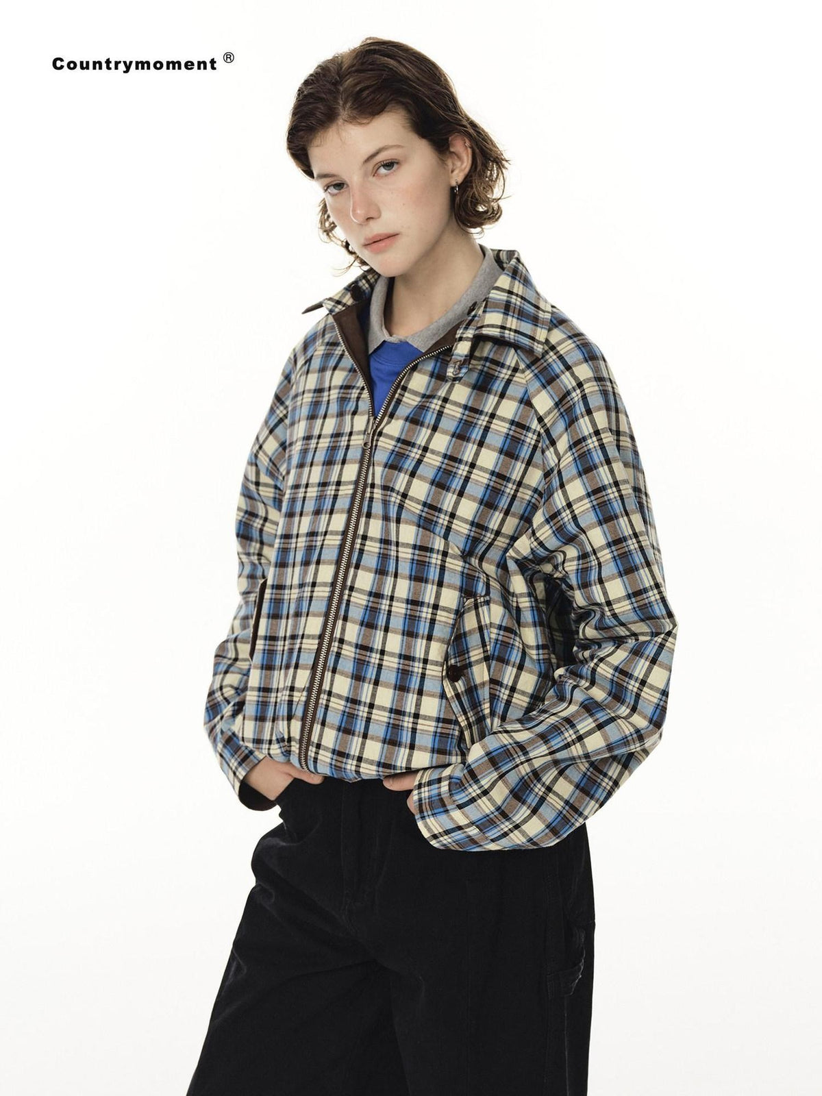 Country Moment Reversible Cotton Relaxed Raglan Unisex Checked Zip Pockets Cropped Jackets