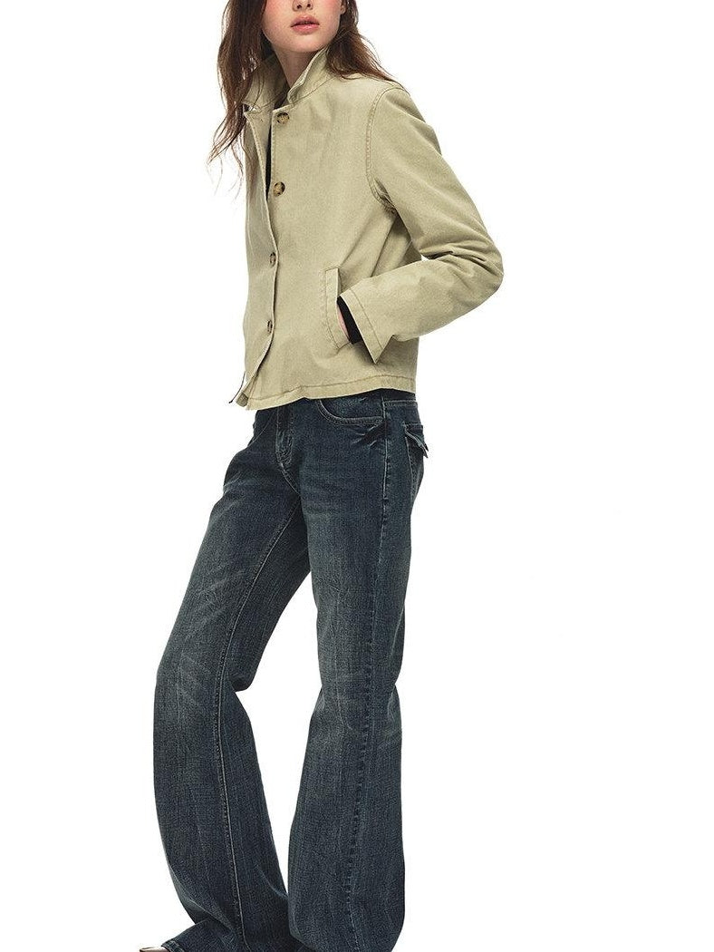 Country Moment Warm Vintage British Short Button Khaki Cotton Unisex Commuter Cropped Jackets