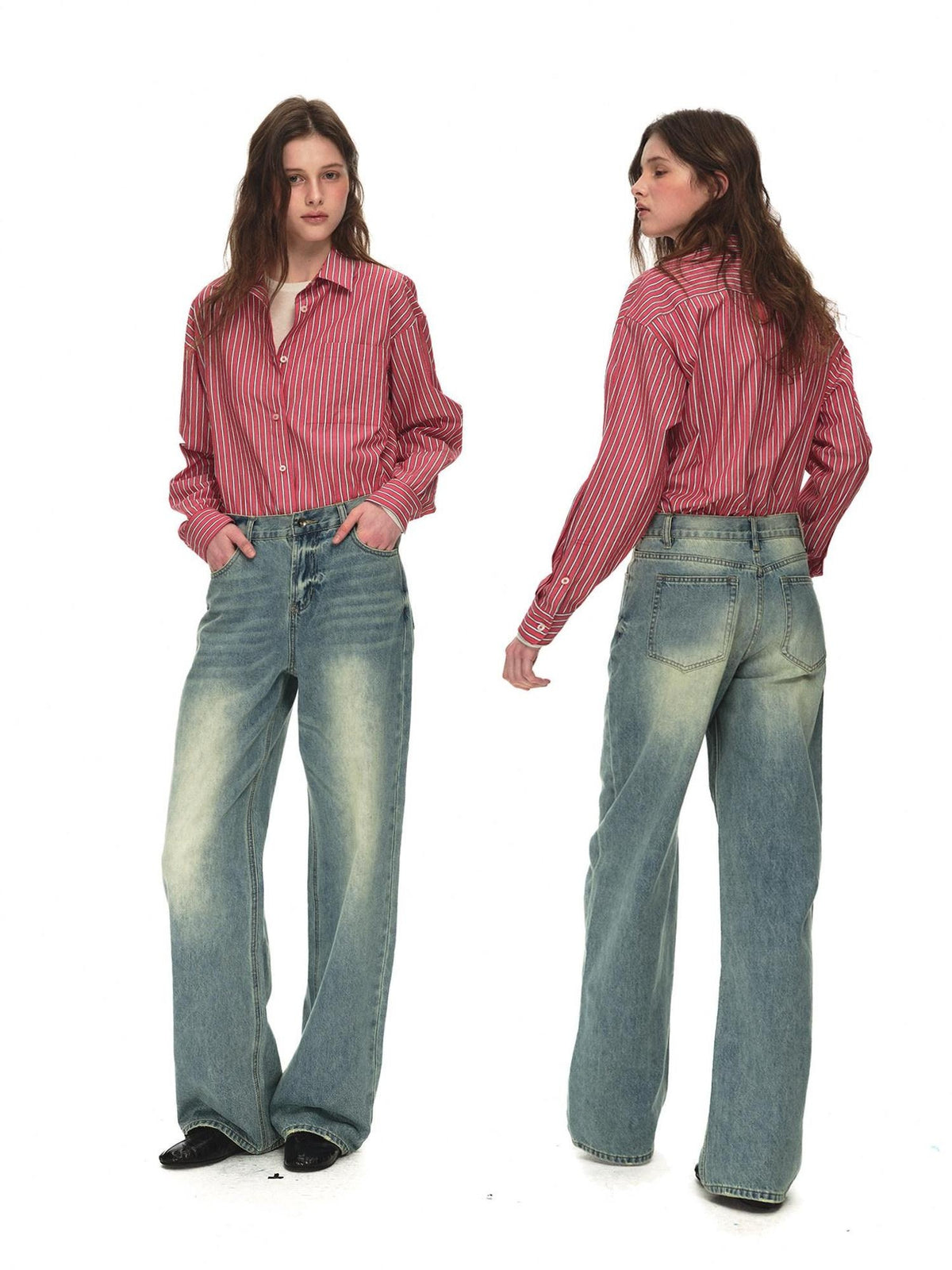 Country Moment Breathable Cotton Blend Gradient Wash Relaxed Mid Rise Unisex Wide Leg Jeans
