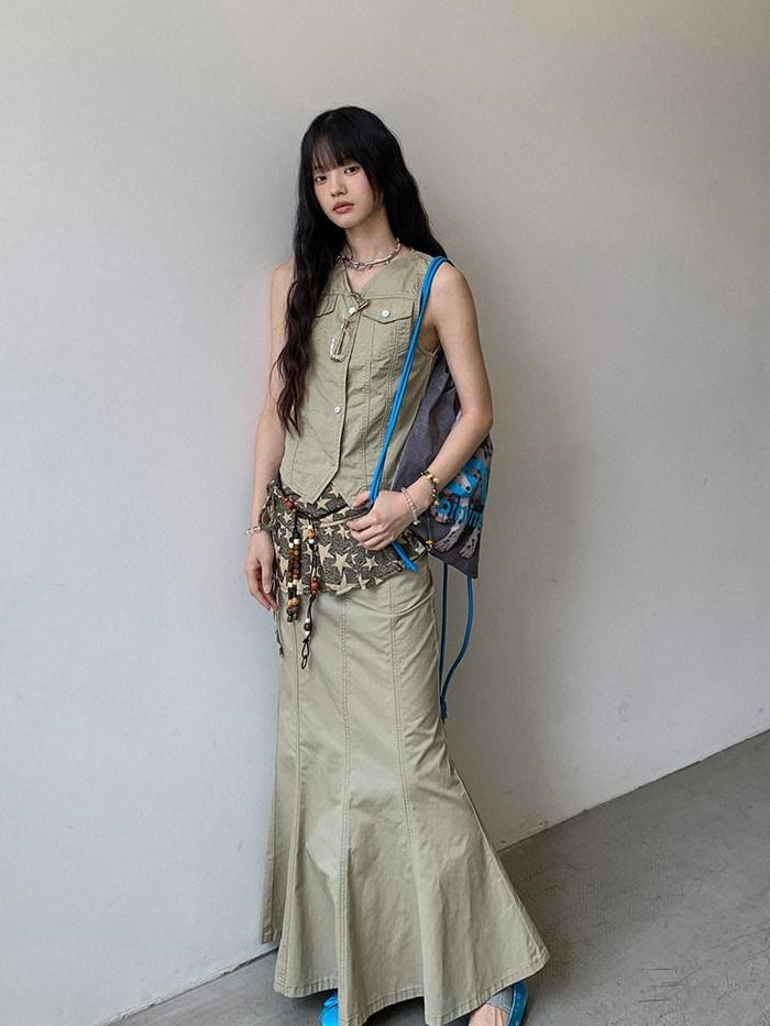 DDGIRL studio High Waist Cotton Fishtail Slim Casual Khaki Women Outdoor Maxi Skirts