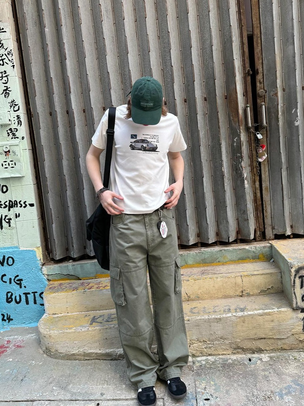Country Moment Washed Mid Rise Loose Straight Leg Youth Daily Pure Cotton Green Cargo Pants
