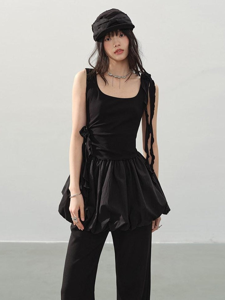 DDGIRL studio Soft Cotton Ruffle Aline Slim Cute Date Sleeveless U Neck Black Mini Dresses