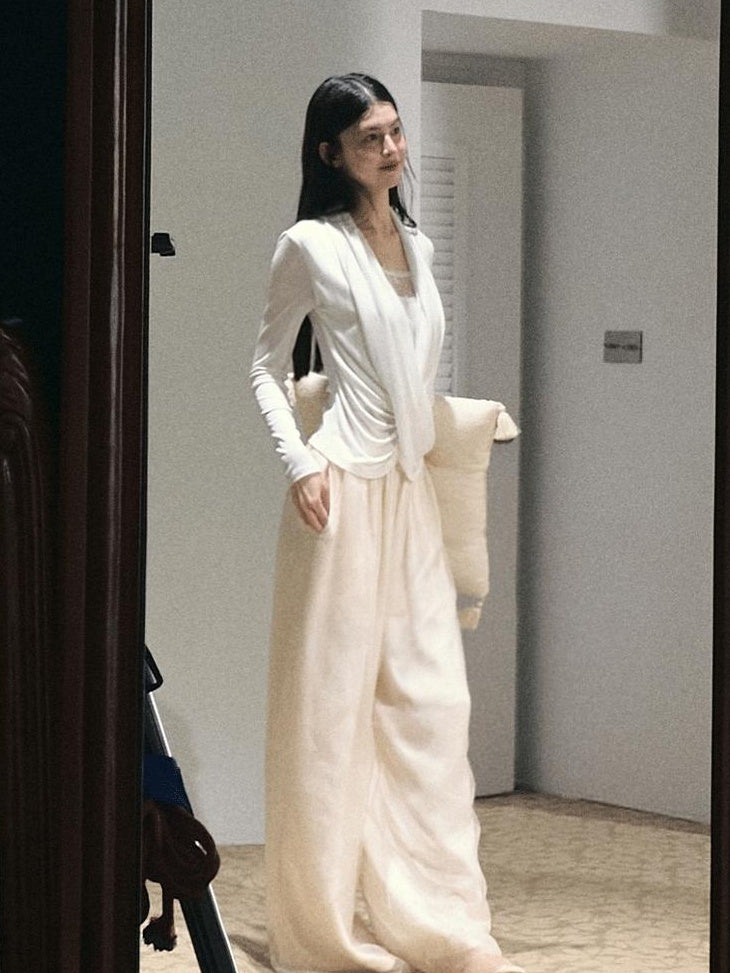 7 OAKMOO High Waisted Minimal Double Layer Relaxed Office Women Polyester Wide Leg Pants