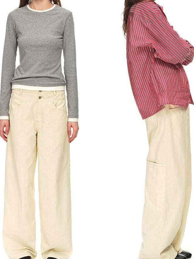 Country Moment Mid Rise Cotton Relaxed Patchwork Button Beige Stretch Straight Leg Jeans