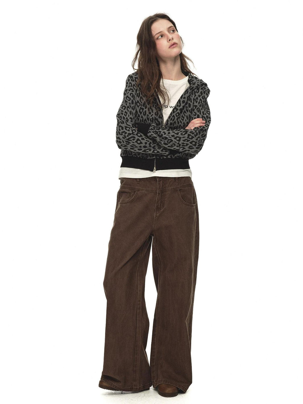 Country Moment 100% Cotton Loose Zip Crop Hooded Leopard Print Women Black Grey Hoodie