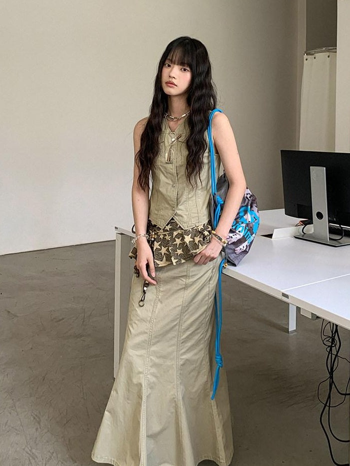 DDGIRL studio High Waist Cotton Fishtail Slim Casual Khaki Women Outdoor Maxi Skirts
