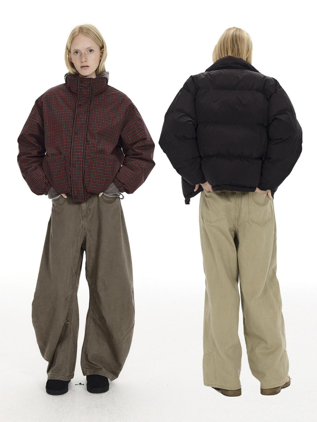Country Moment High Fill White Duck Reversible Plaid Loose Fit Unisex Cotton Zip Down Jackets
