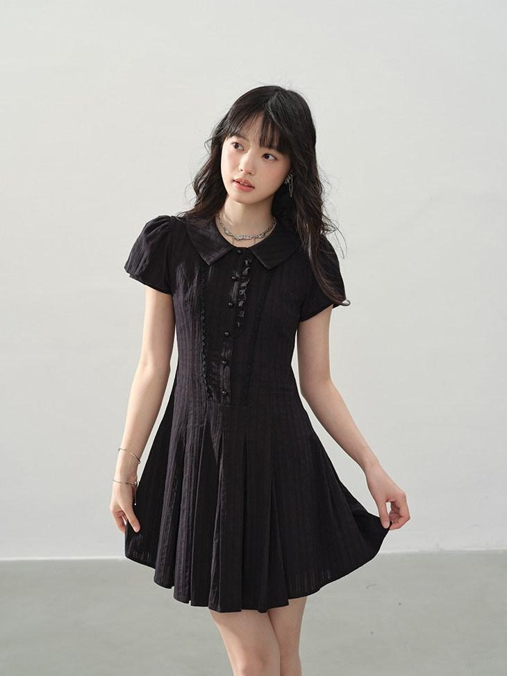 DDGIRL studio Sweet Cotton A Line Puff Sleeve Doll Collar Fitted Waist Midi Dresses