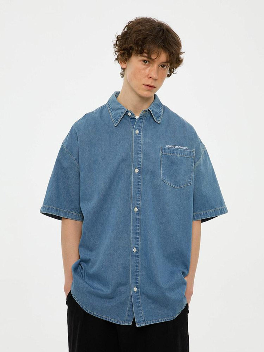 Country Moment 100% Cotton Square Neck Loose Short Sleeve Japanese Vintage Teen Blue Shirts