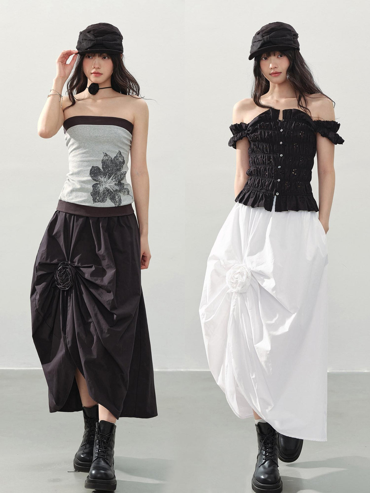 DDGIRL studio Durable Lined Cotton High Waist Asymmetric Floral Front Slit Midi Skirts