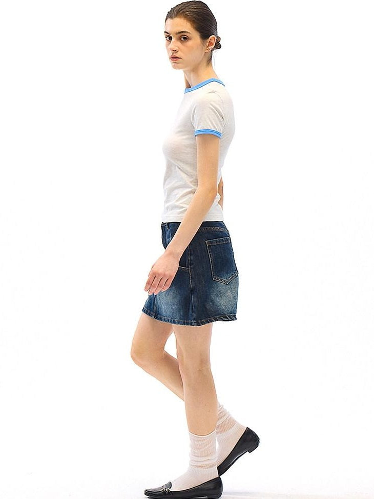 Country Moment Breathable Cotton Blend Vintage Office A Line Solid Blue Black Mini Skirts