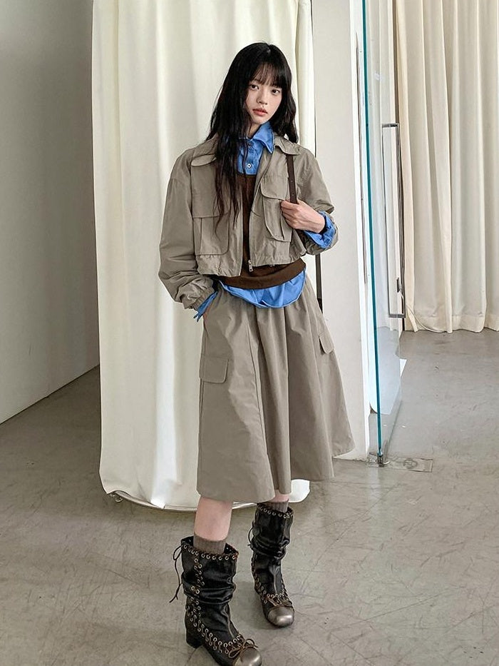 DDGIRL studio Zip Front Long Sleeve Lapel Collar Commuter Women Polyester Top & Shorts Sets