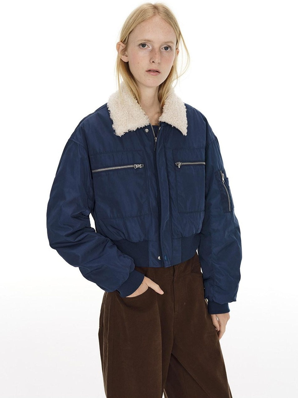 Country Moment Waterproof Cotton Padded Zipper Drop Shoulder Women Navy Cropped Jackets