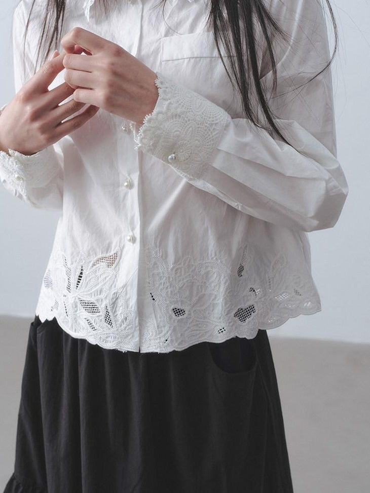 DDGIRL studio Skin Friendly Cotton Lace Embroidered Cropped Cardigan White Long Sleeve Shirts