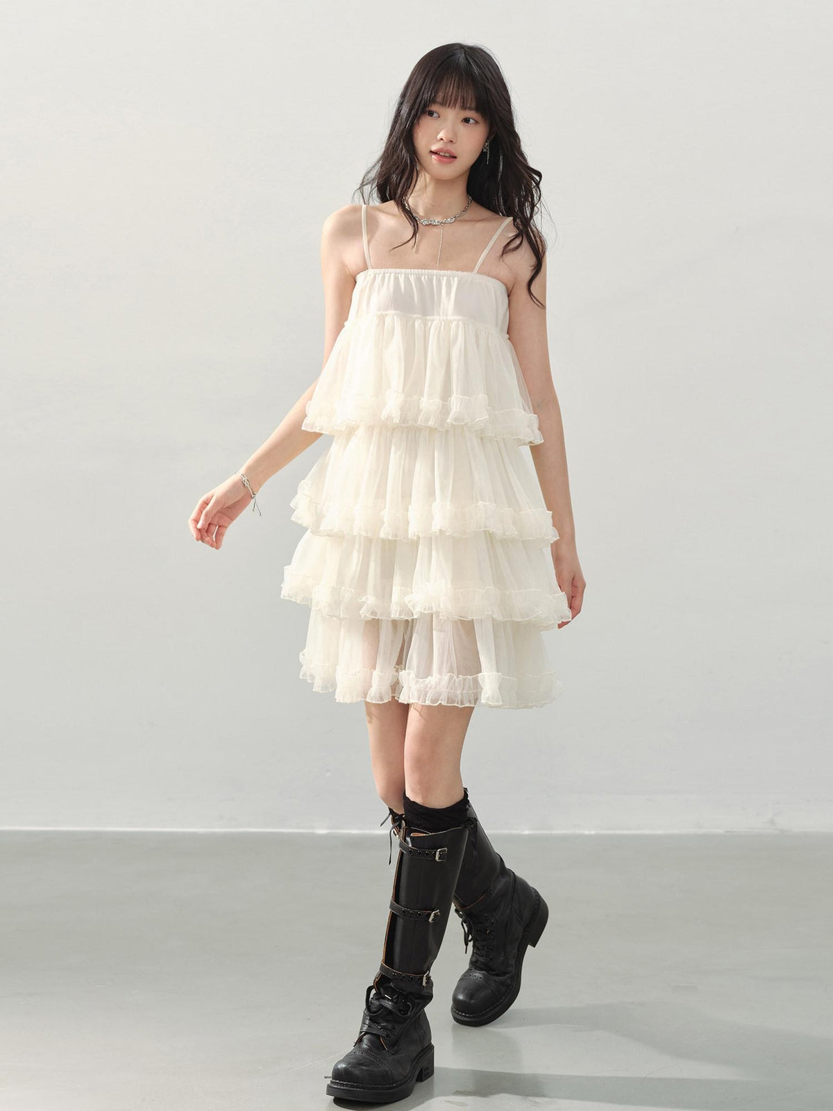 DDGIRL studio Breathable Soft Sweet Princess A Line Tiered Camisole Cream Mini Dresses