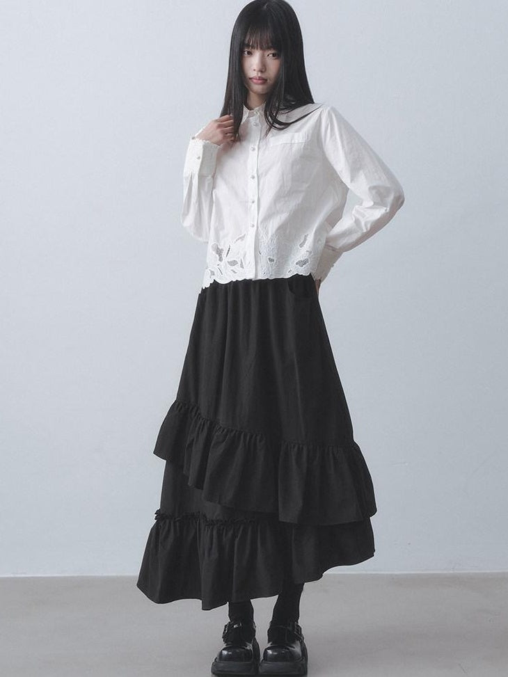 DDGIRL studio Skin Friendly Cotton Lace Embroidered Cropped Cardigan White Long Sleeve Shirts