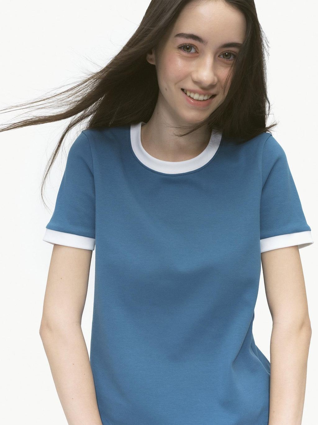 Country Moment Stretch Cotton Patchwork Casual Straight Fit Lake Blue Short Sleeve T-Shirts