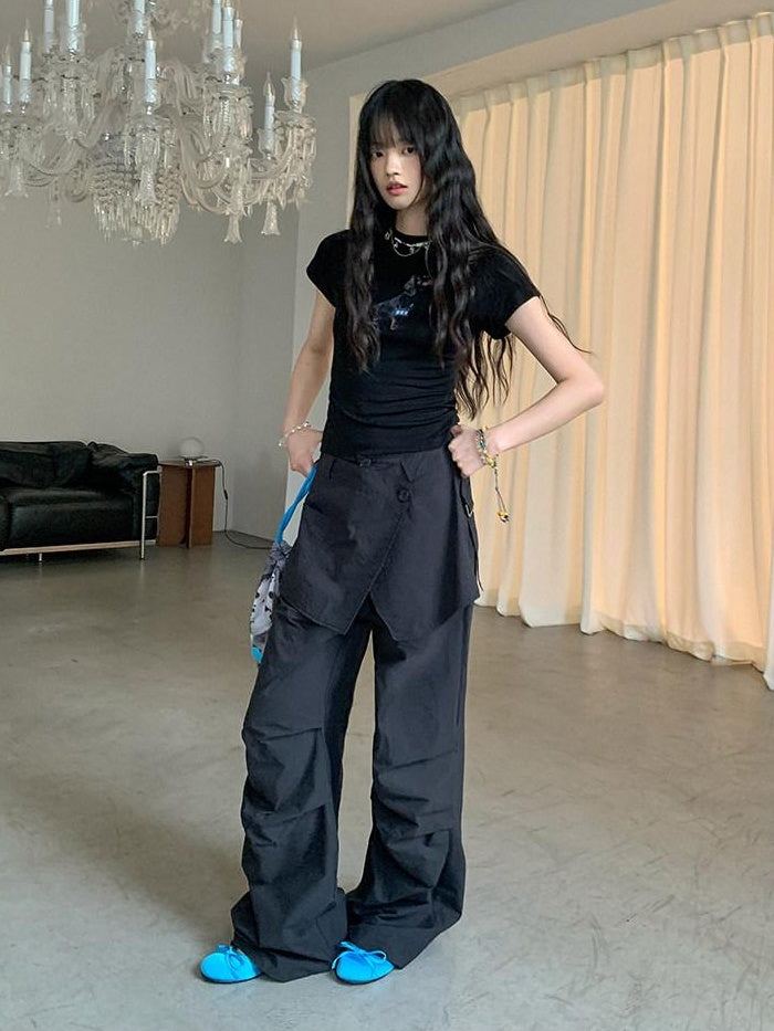 DDGIRL studio High Waist Cotton Cargo Pockets Loose Commuter Women Black Straight Pants