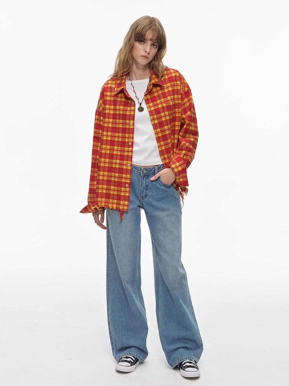 Country Moment Breathable Cotton Loose Plaid Fringe Unisex Longsleeve Button Collar Shirts