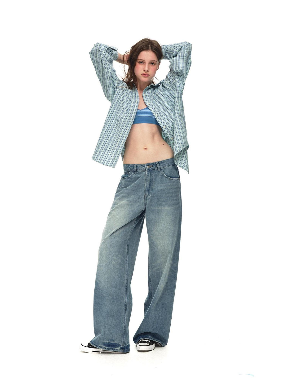Country Moment Soft Breathable Mid Rise Stone Wash Loose Casual Unisex Denim Blue Wide Leg Jeans