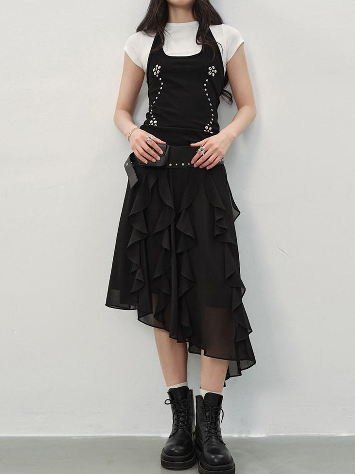 DDGIRL studio Fade Resistant Lined Asymmetrical High Waist Black Irregular Women Midi Skirts
