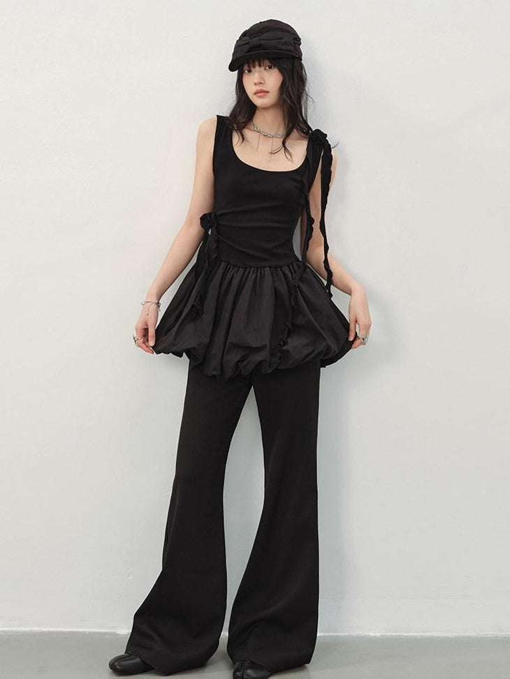 DDGIRL studio Soft Cotton Ruffle Aline Slim Cute Date Sleeveless U Neck Black Mini Dresses