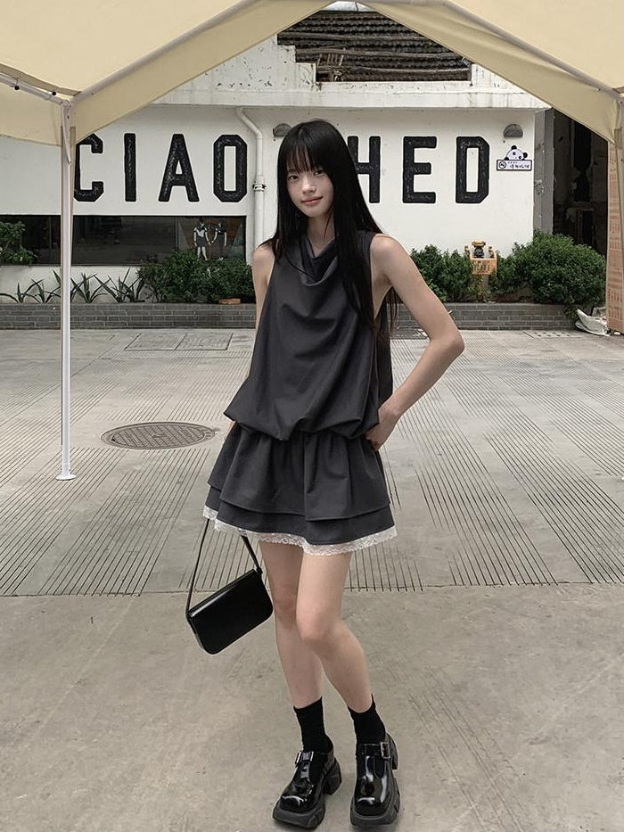 DDGIRL studio Lace Panel High Waist A Line Sleeveless Commuter Young Women Mini Dresses