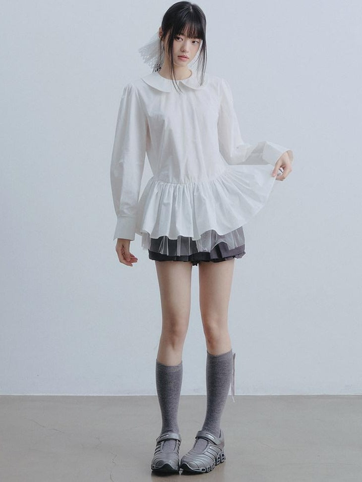 DDGIRL studio Soft Cotton Babydoll High Waist Long Sleeve Women Doll Collar Shirts