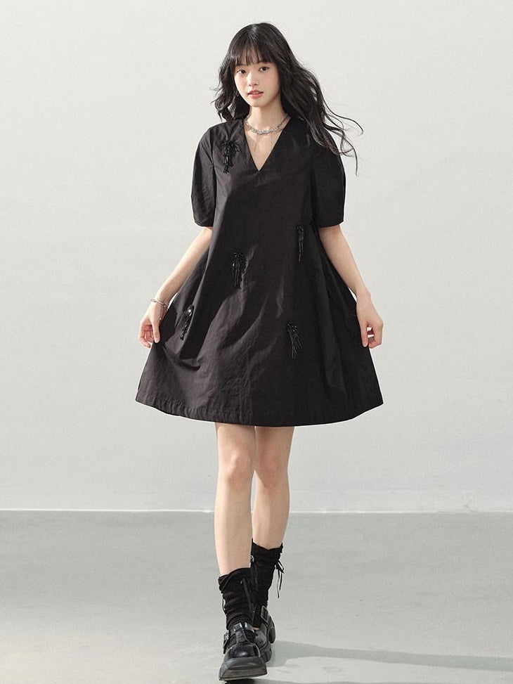DDGIRL studio Beaded Soft Cotton A Line Puff Sleeve V-neck Back Zipper Black Mini Dresses