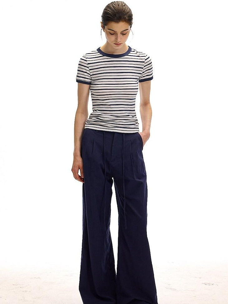 Country Moment Cotton Linen Minimal Belted Natural Waist Navy Office Wide Leg Pants