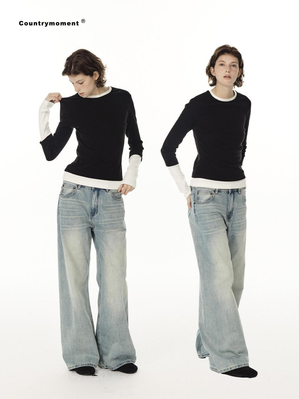 Country Moment Breathable Cotton Colorblock Slim Fit Women Crew Neck Long Sleeve T-Shirts