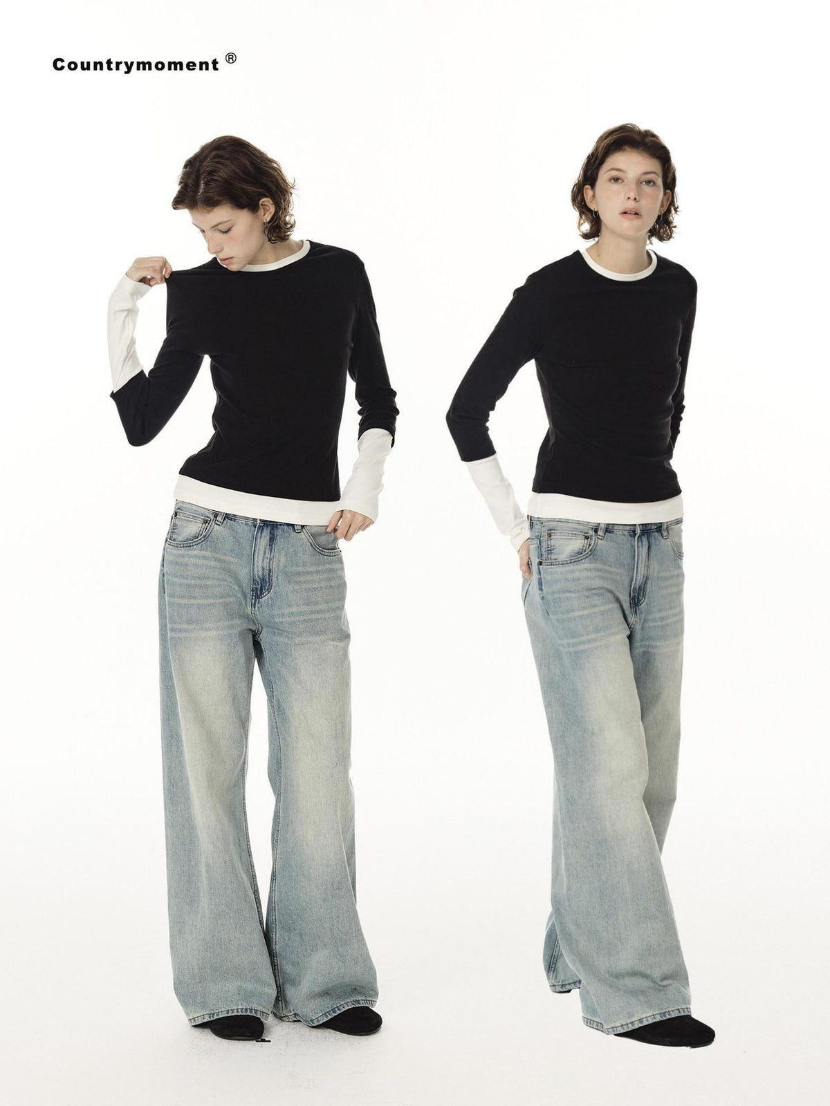 Country Moment Breathable Cotton Colorblock Slim Fit Women Crew Neck Long Sleeve T-Shirts