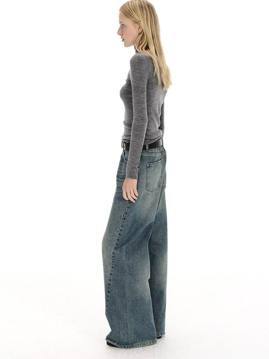 Country Moment Breathable Washed Blue Gradient Vintage Mid Rise Button Fly Wide Leg Jeans