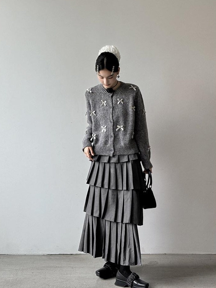 DDGIRL studio Lined High Waist Pleated Patchwork A Line Commuter Loose Fit Gray Midi Skirts