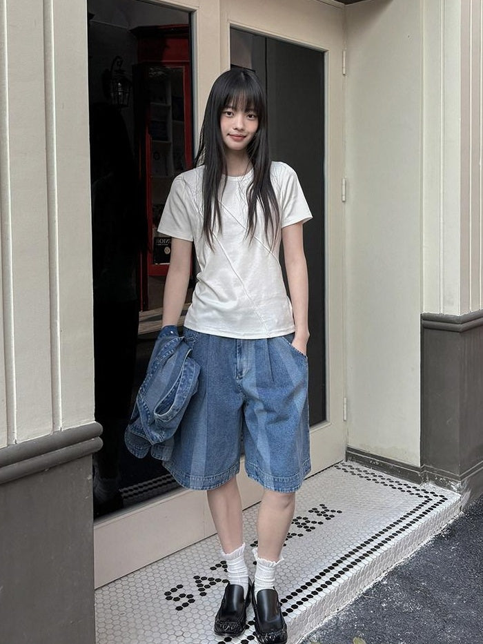 DDGIRL studio Stretch Cotton Blend Korean Straight Crew Neck White Short Sleeve T-Shirts