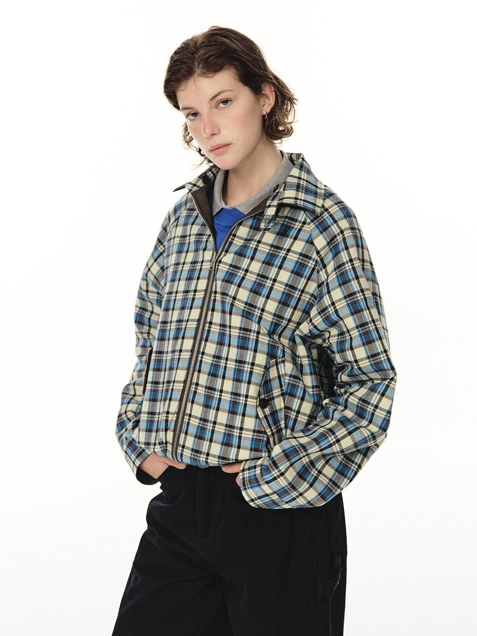 Country Moment Reversible Cotton Relaxed Raglan Unisex Checked Zip Pockets Cropped Jackets