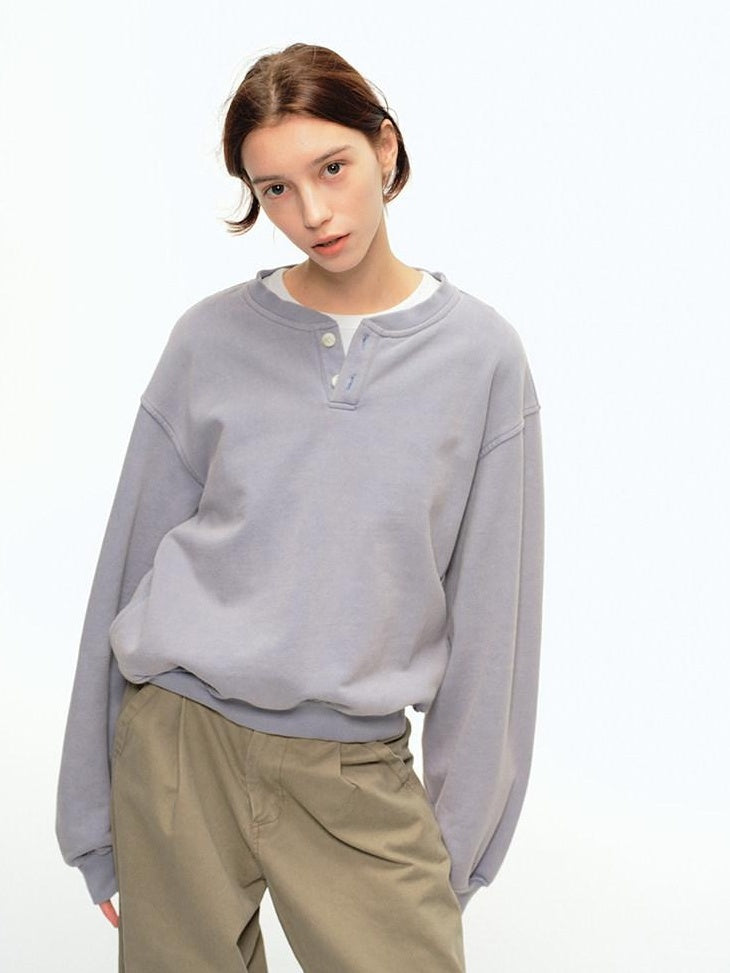 Country Moment Organic Cotton Loose Henley Collar American Unisex Casual Pullover Sweatshirt