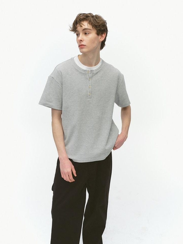Country Moment Cotton Blend Loose Fit Henley Neck Unisex Dark Gray Short Sleeve T-Shirts