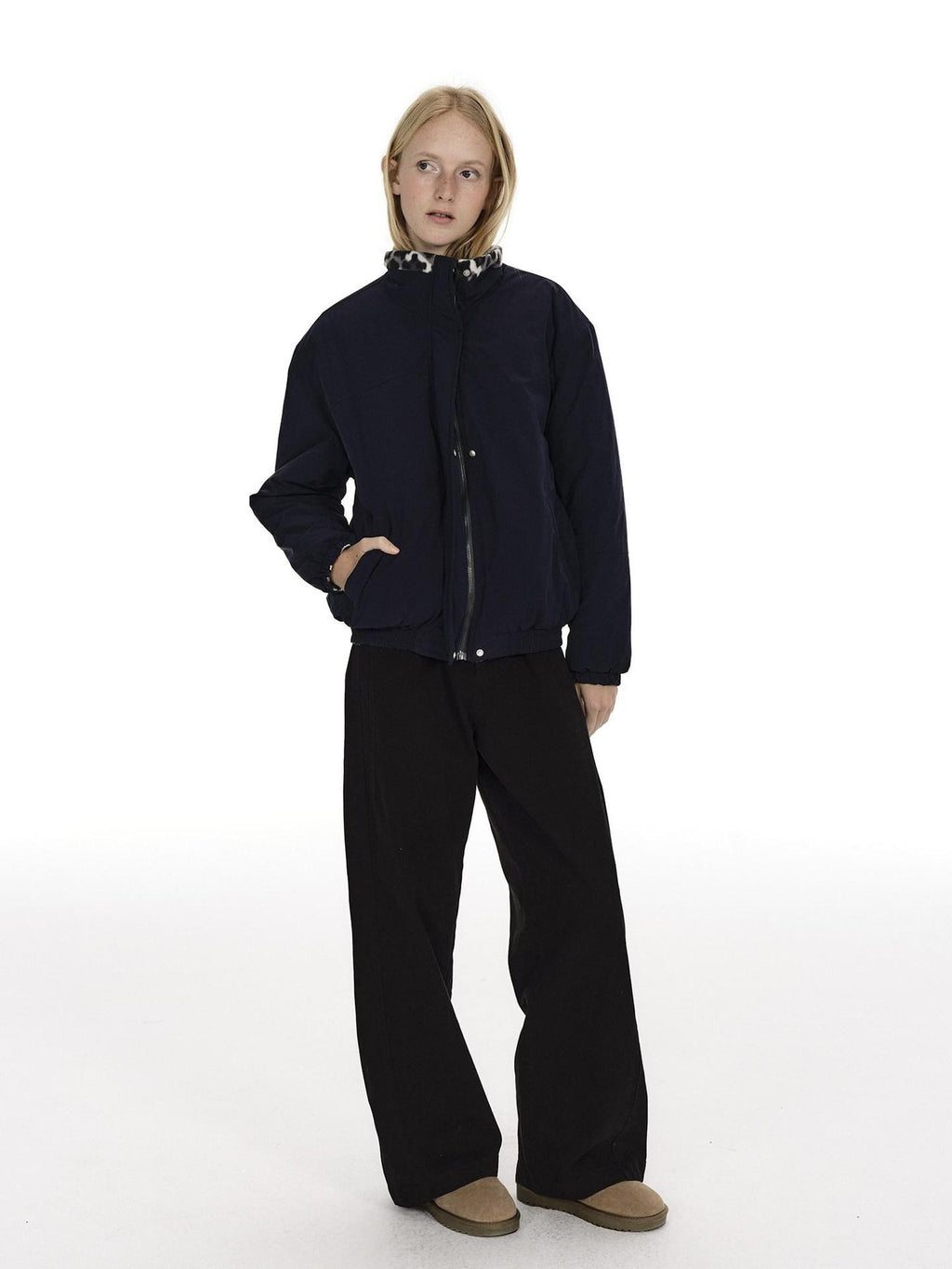 Country Moment Reversible Cotton Lined Oversized Stand Collar Youth Navy Puffer Jackets